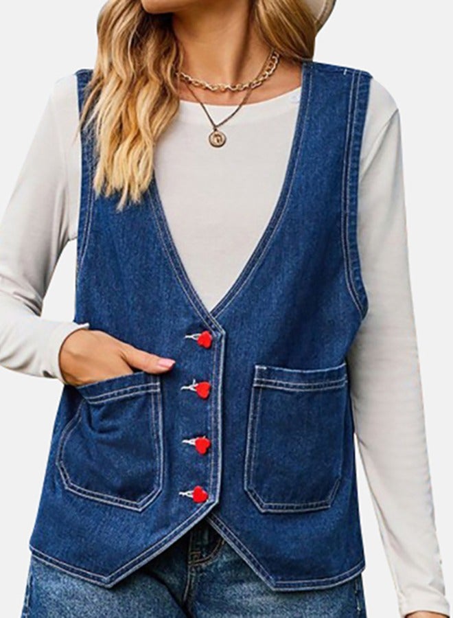 Blue V Neck Sleeveless Denim Jacket