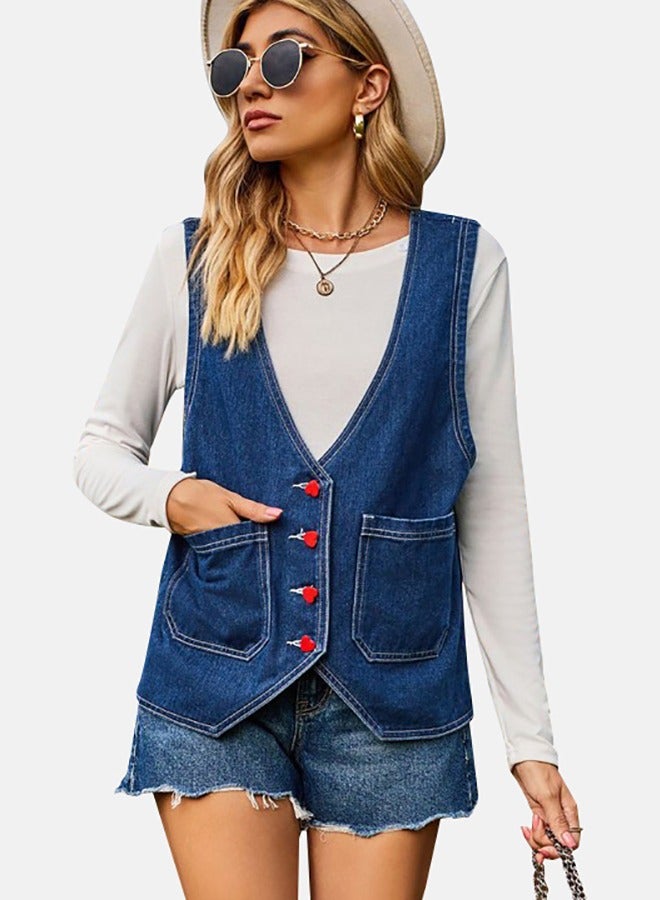 Blue V Neck Sleeveless Denim Jacket