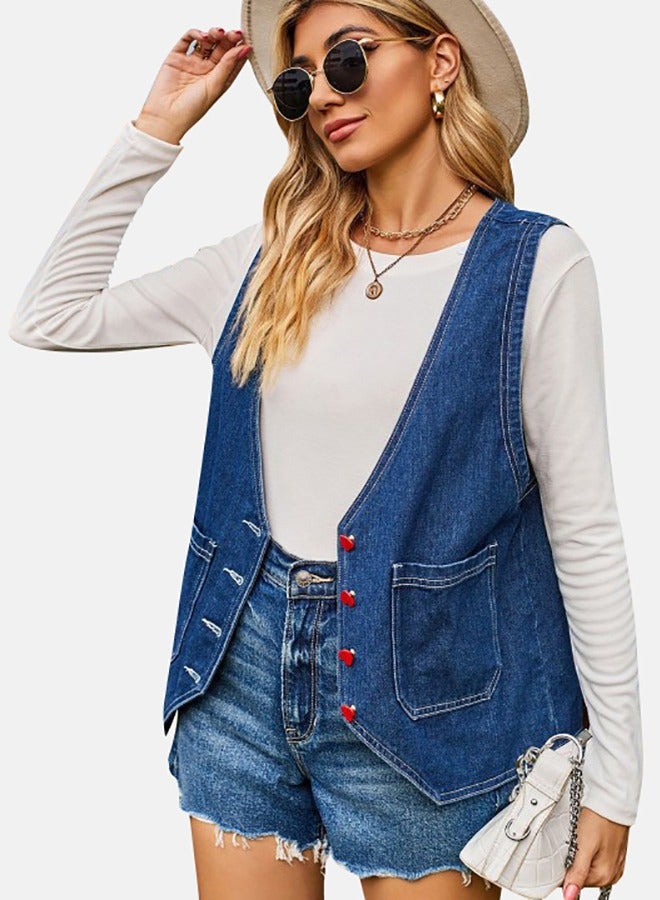 Blue V Neck Sleeveless Denim Jacket