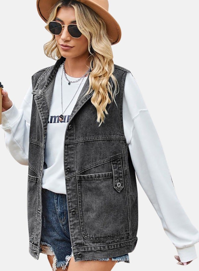 Black Collared Sleeveless Denim Jacket