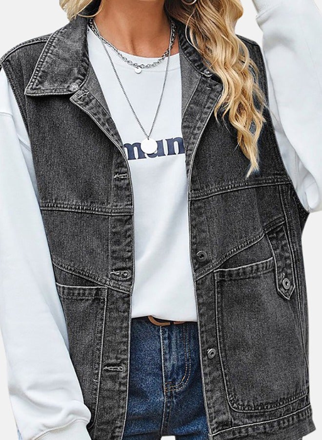 Black Collared Sleeveless Denim Jacket