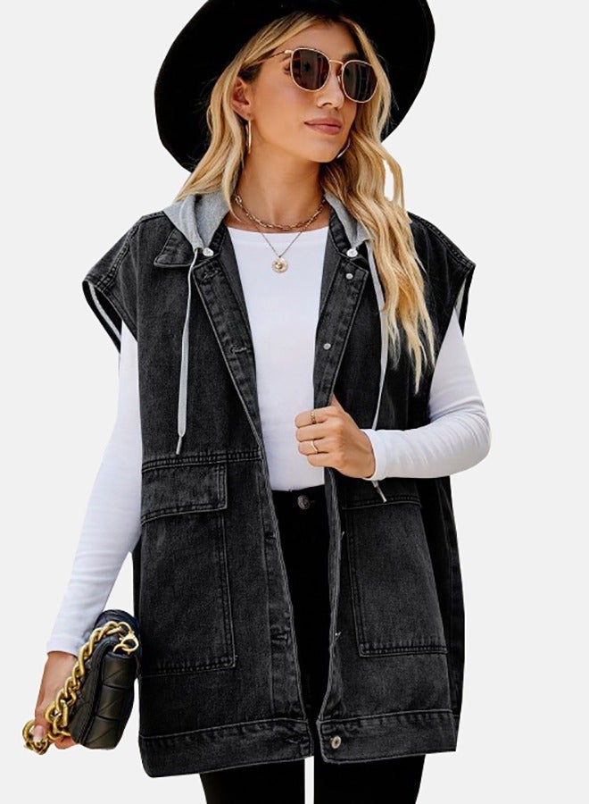 Black Hooded Sleeveless Denim Jacket