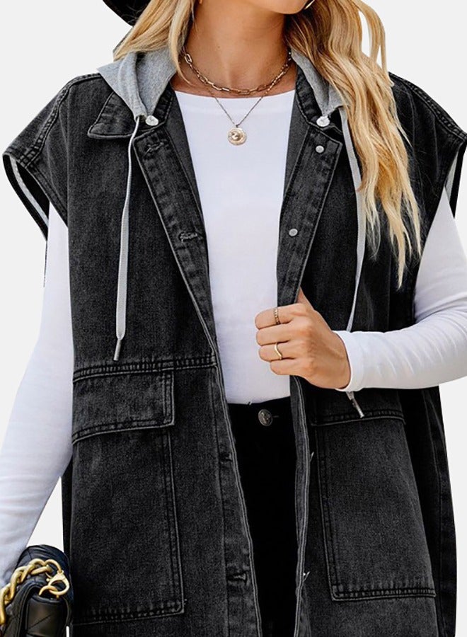 Black Hooded Sleeveless Denim Jacket