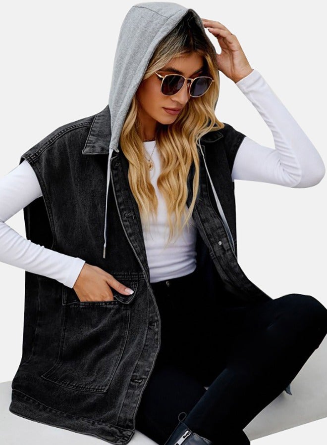 Black Hooded Sleeveless Denim Jacket