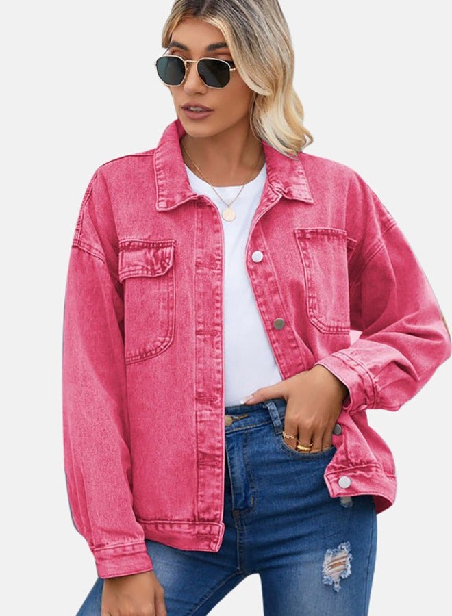 Pink Collared Long Sleeve Denim Jacket