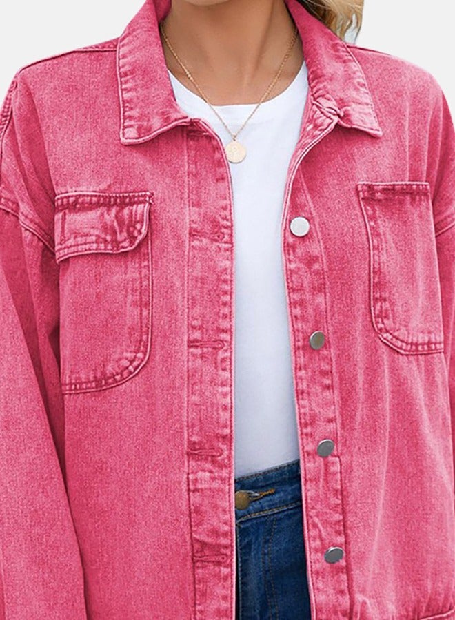 Pink Collared Long Sleeve Denim Jacket