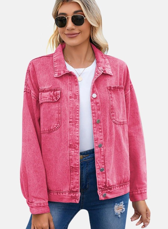 Pink Collared Long Sleeve Denim Jacket