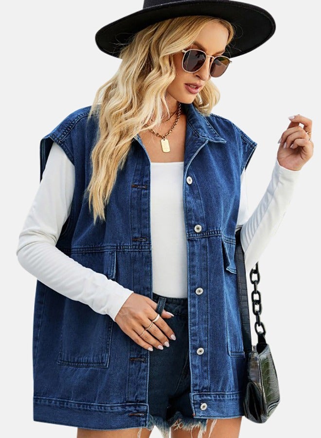 Blue Collared Sleeveless Denim Jacket