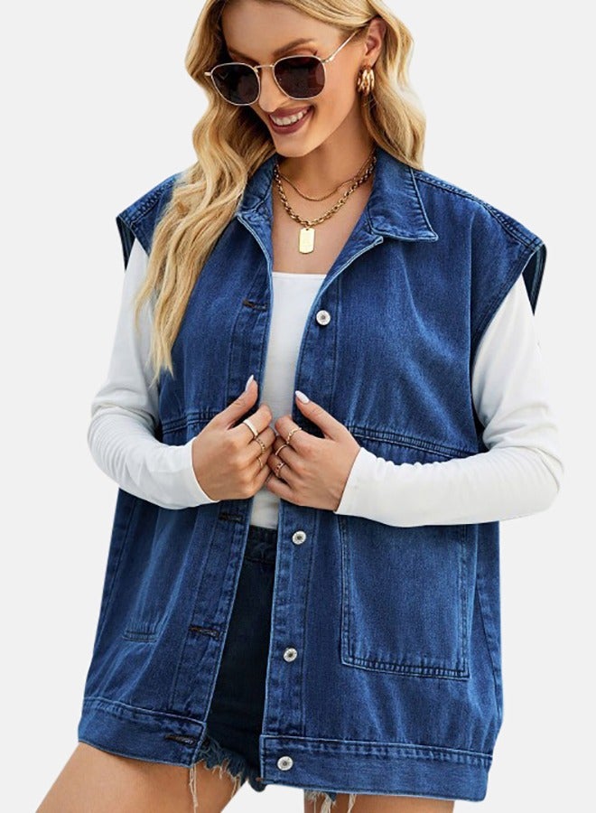 Blue Collared Sleeveless Denim Jacket