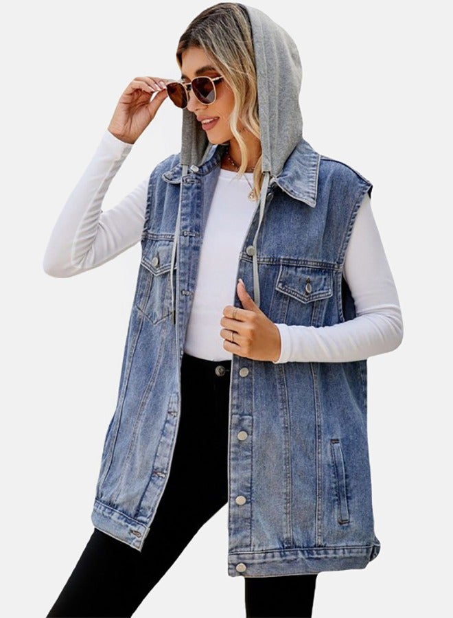 Blue Collared Sleeveless Denim Jacket