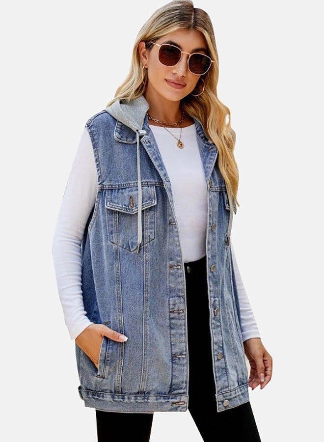 Blue Collared Sleeveless Denim Jacket