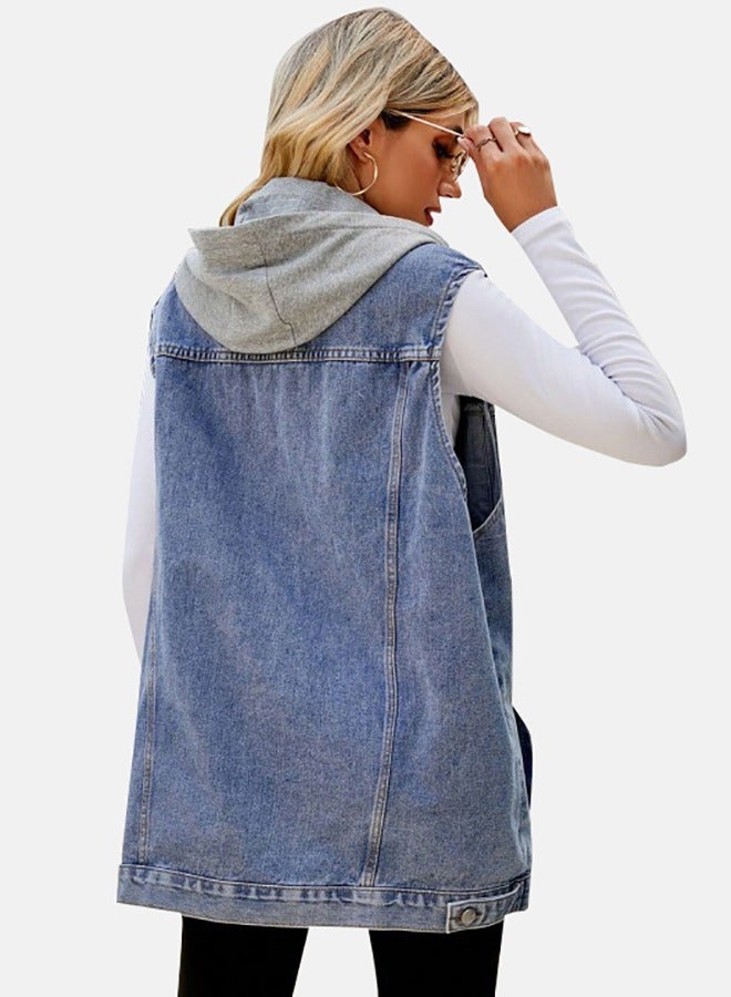 Blue Collared Sleeveless Denim Jacket