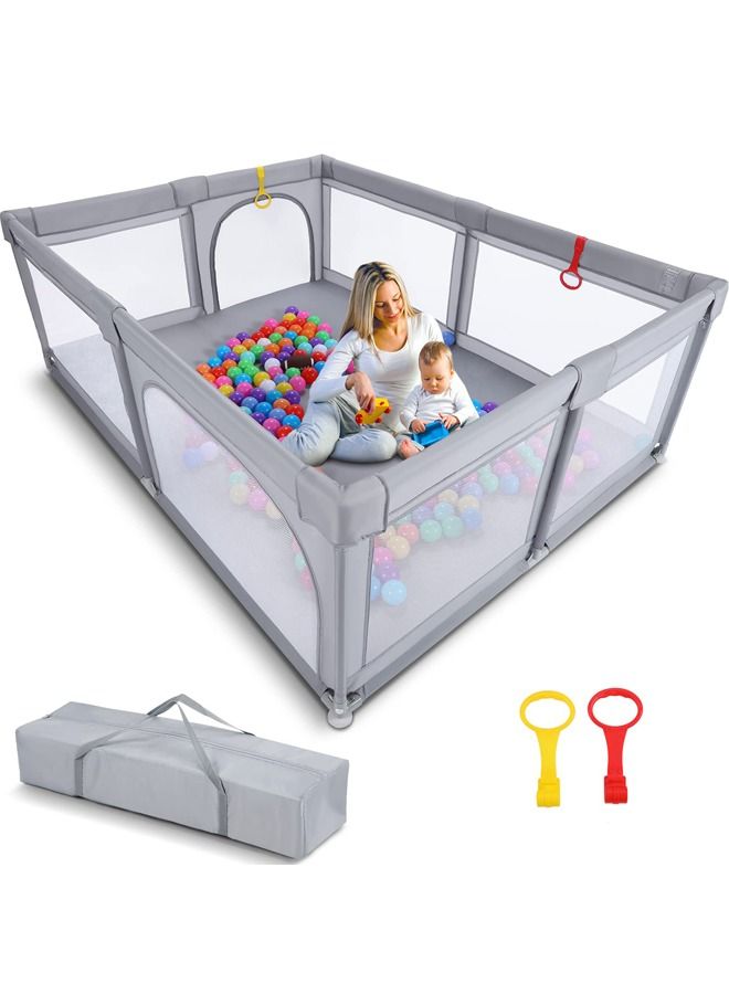 Extra Large Baby Playpen 150*180cm Play Pens for Babies and Toddlers, Anti-Collision Foam Playpens with Breathable Mesh, Kids Activity Center with Anti-Slip Sucker and 2pcs Handlers