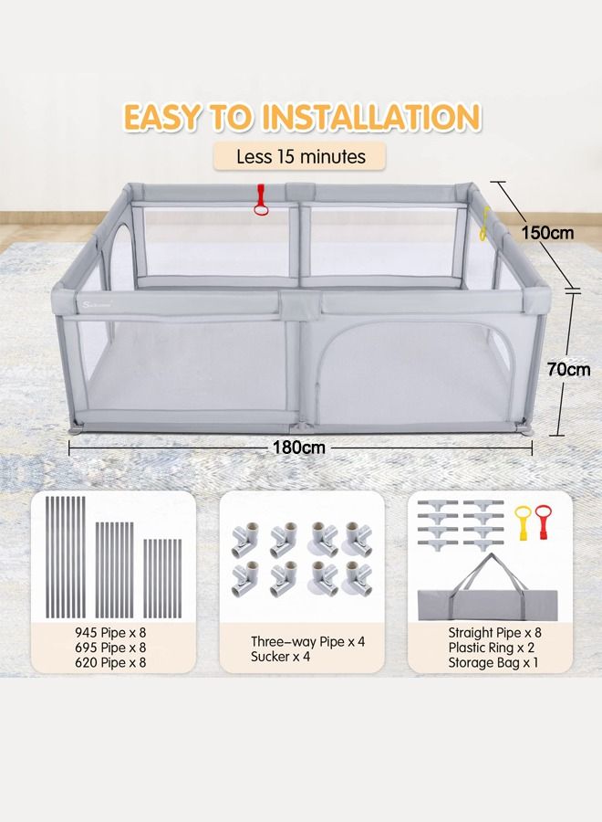 Extra Large Baby Playpen 150*180cm Play Pens for Babies and Toddlers, Anti-Collision Foam Playpens with Breathable Mesh, Kids Activity Center with Anti-Slip Sucker and 2pcs Handlers