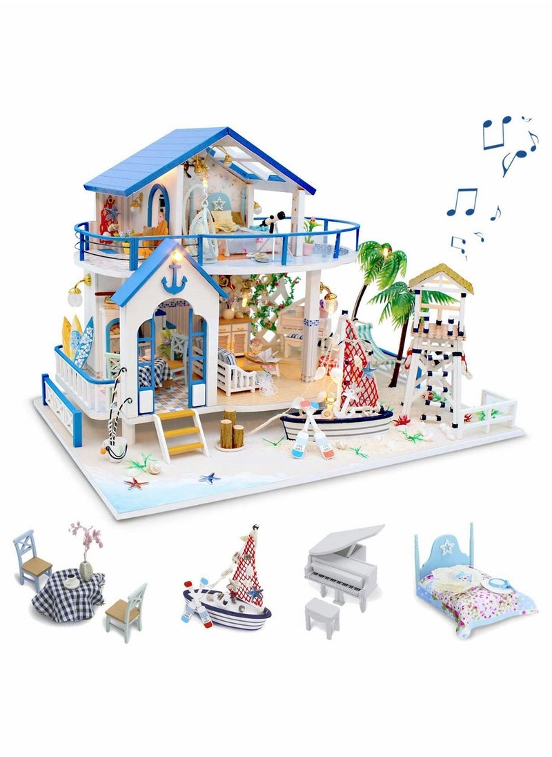 DIY Dollhouse Kit, Wooden Miniature Dollhouse with Furniture and Music, Tiny House Building Kit, DIY Miniature Kits to Build, Blue Sea Legend