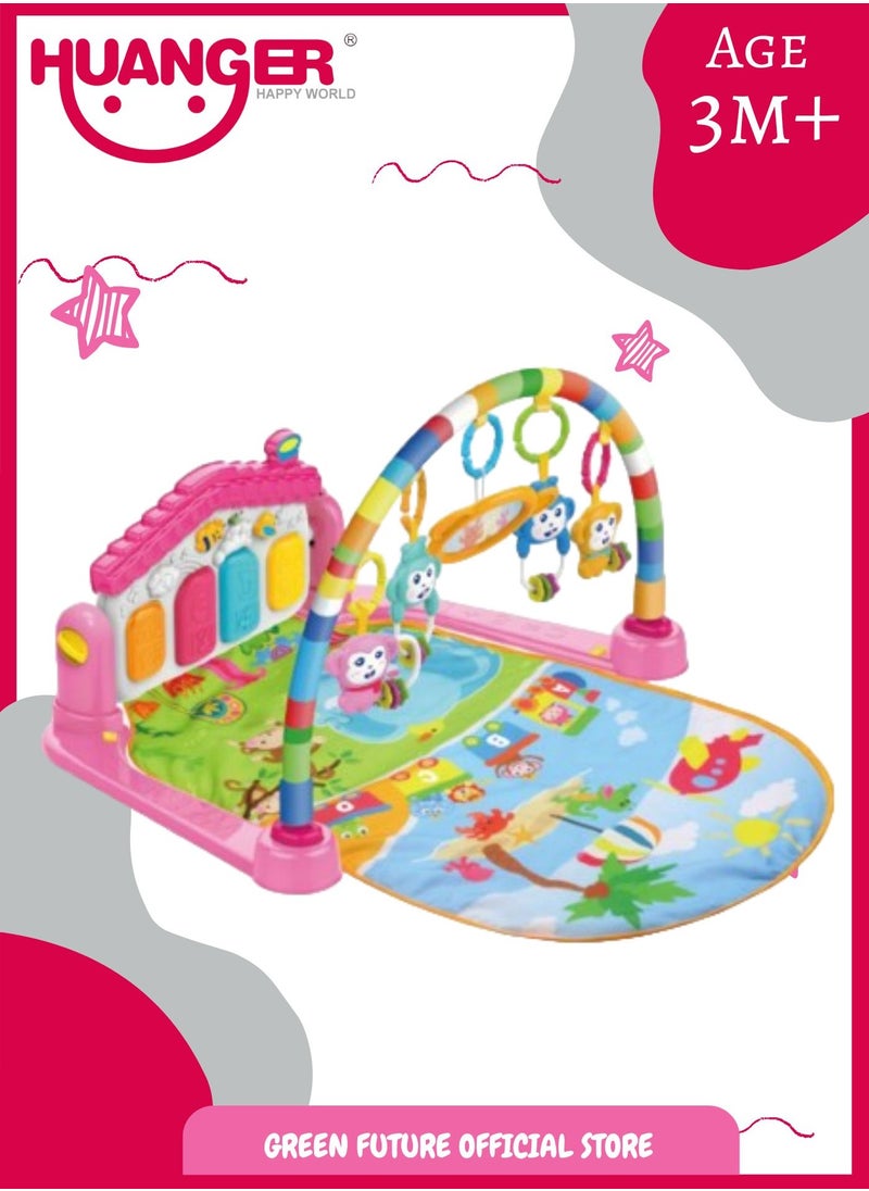 Baby Playmat w/ Piano Music, 2 in 1 Hanging Toys and Mat for Newborns and Infants, Soft Playmat for Early Learning, Pink