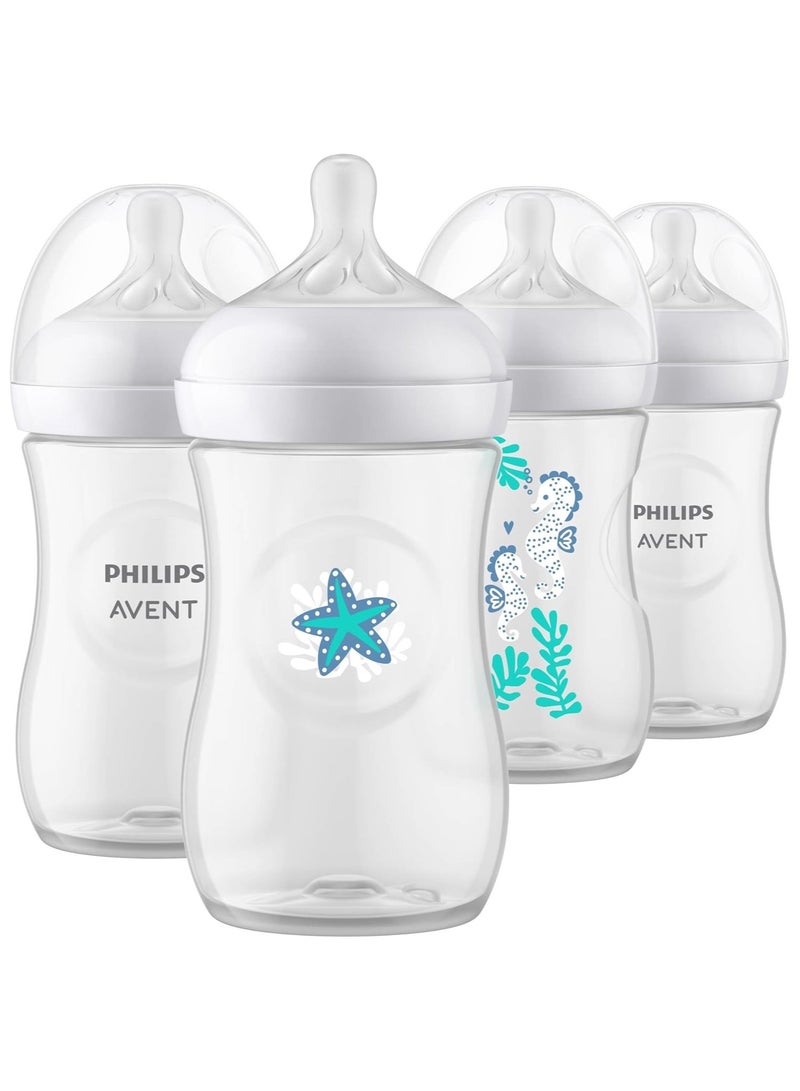 Pack Of 4 Natural Baby Bottle with Natural Response , with Sea Design, 9oz