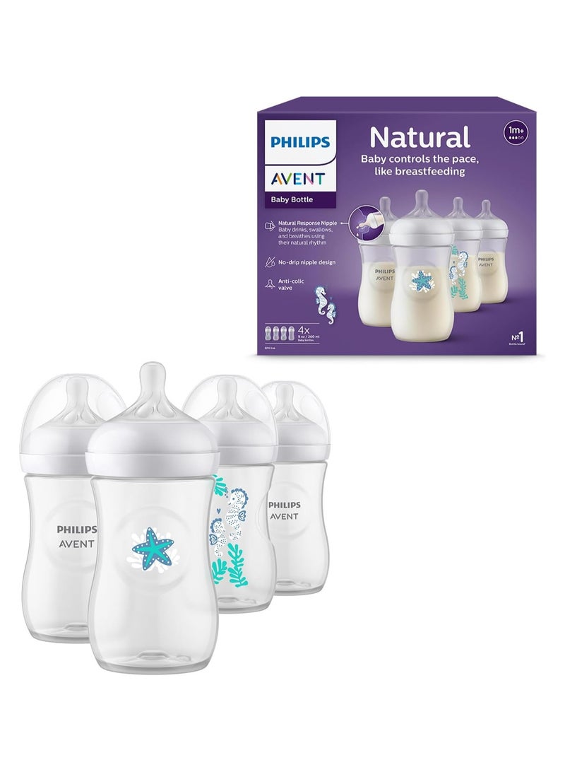 Pack Of 4 Natural Baby Bottle with Natural Response , with Sea Design, 9oz