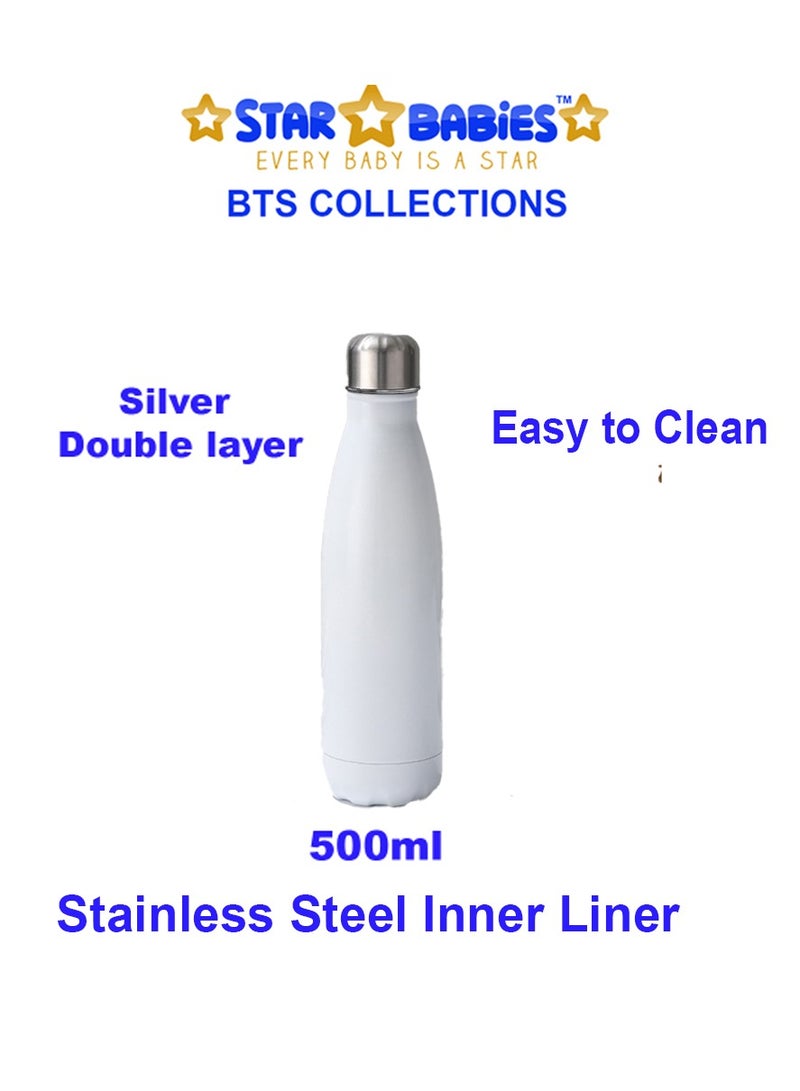 Star Babies BTS Collections - Colorful Backpack, Cute Preppy Style Travel Schoolbag, Double Layer Stainless Steel Vacuum Insulated Water Bottle Cola Shape Bottle Keep 12 Hours Cold & Hot Reusable Metal Leak-Proof Sports Flask 500ml,  Lunch Box BPA Free - Pack of 3 - Multicolor