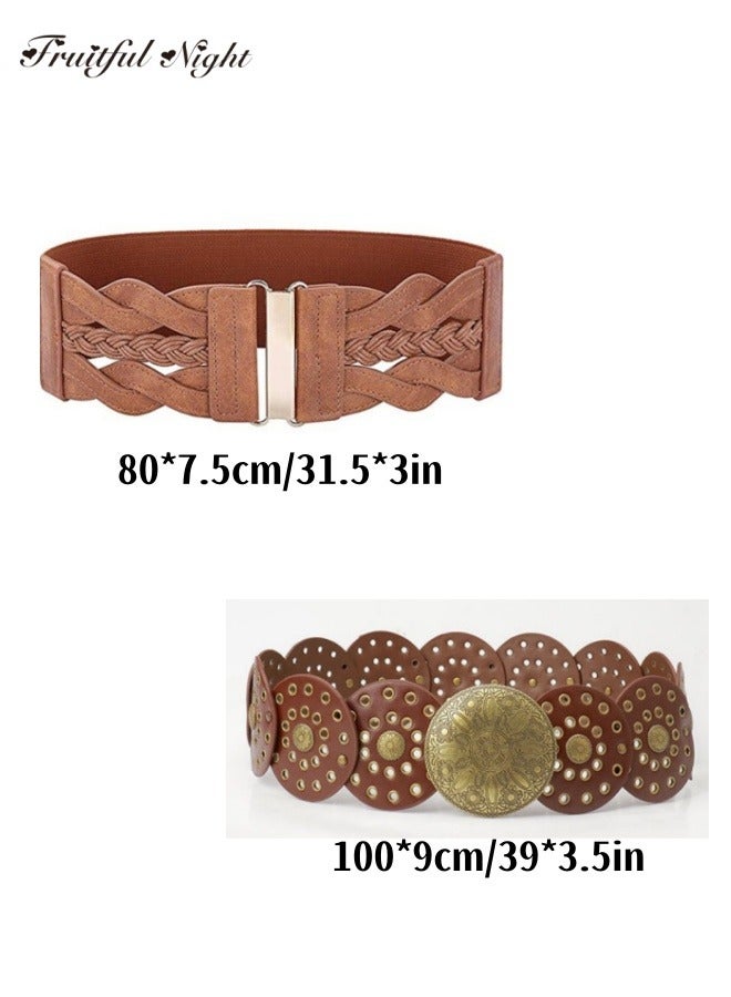 2 Pcs Wide Disc Belt for Women Boho Concho Leather Belts Vintage Western Waist Belt set