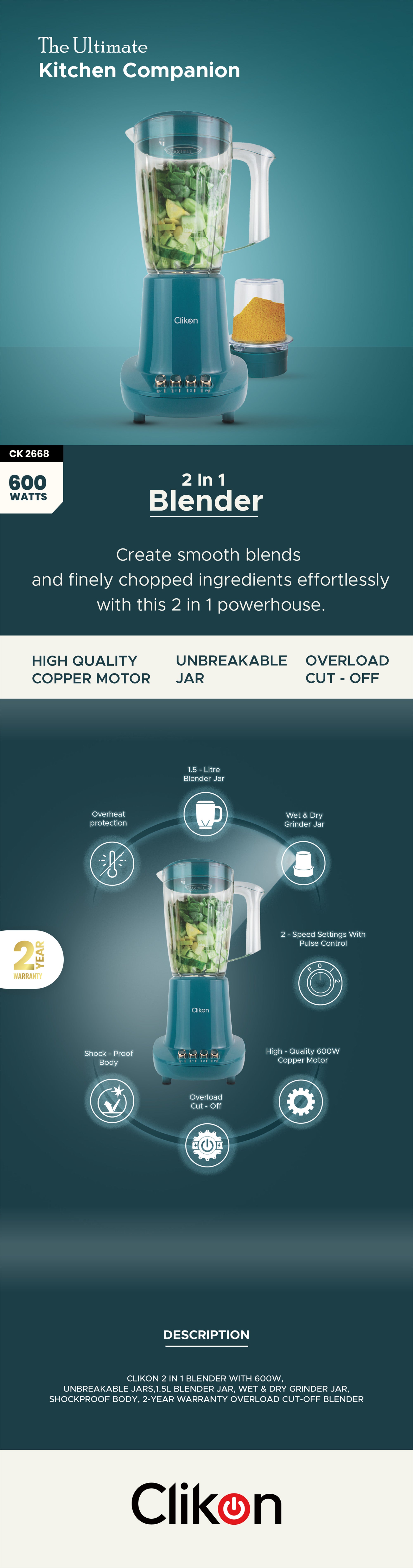 2-In-1 Juicer Blender Chopper Set 1.5 L 600 W CK2668 Green