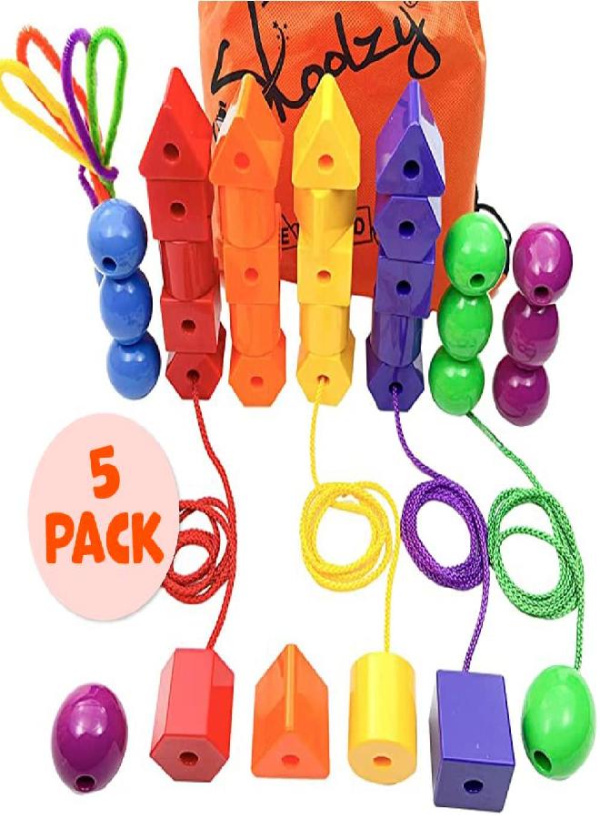 Skoolzy Jumbo Lacing Beads 40 Piece Set - Autism Fine Motor Skills Montessori Toys - 36 String Beads, 4 Strings, Travel Bag, Preschool Activities eBook Set