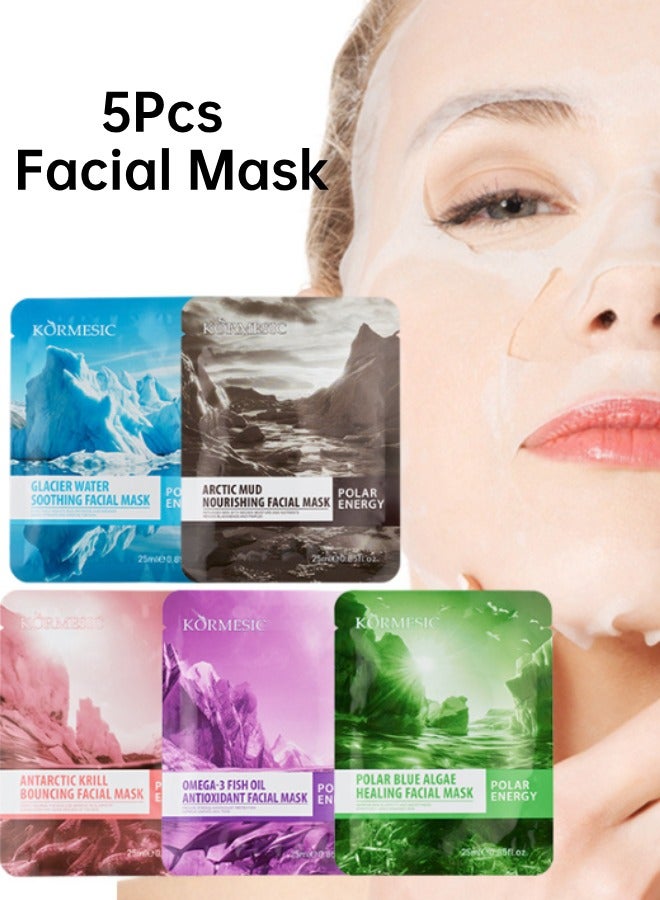 5Pcs Cleansing Whitening and Hydrating Mask Mask Beauty Moisturizing Hydrating Nourishing Deep Cleansing Pores Anti-aging Skin Care Mask Multi-pack Contains Glacier Water Mask Antarctic Krill Mask Fish Oil Mask Polar Blue Algae Mask Arctic Mud Mask