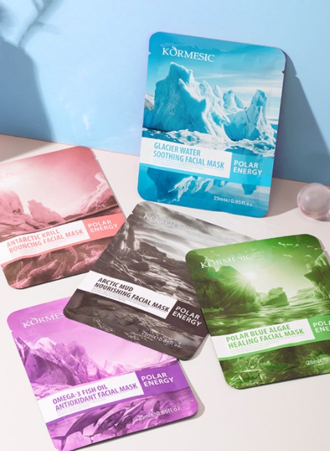 5Pcs Cleansing Whitening and Hydrating Mask Mask Beauty Moisturizing Hydrating Nourishing Deep Cleansing Pores Anti-aging Skin Care Mask Multi-pack Contains Glacier Water Mask Antarctic Krill Mask Fish Oil Mask Polar Blue Algae Mask Arctic Mud Mask