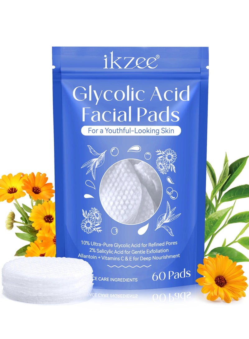 60Pcs Glycolic Acid Facial Pads 10% Glycolic Acid for Refined Pores and 2% Salicylic acid for Exfoliation Reduce Wrinkles Dead Skin Dark Spot Exfoliates Fade Acne Scars Deep Nourishment Cleansing Pads