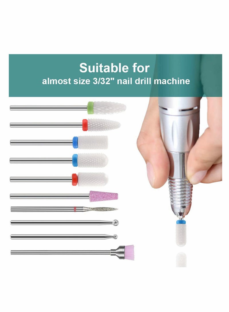 Professional Ceramic Nail Drill Bits Set for Acrylic and Gel Nails, 10 Pcs Diamond Cuticle Remover for Manicure and Pedicure