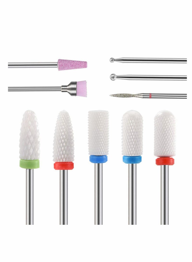 Professional Ceramic Nail Drill Bits Set for Acrylic and Gel Nails, 10 Pcs Diamond Cuticle Remover for Manicure and Pedicure