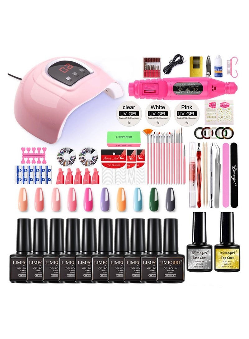 COOLBABY Gel Nail Polish Set with UV Lamp 54W Nail Art Lamp 10 Colors Neutral Pink Glitter Gel Nail Polish Set Polisher Nail Art Tools