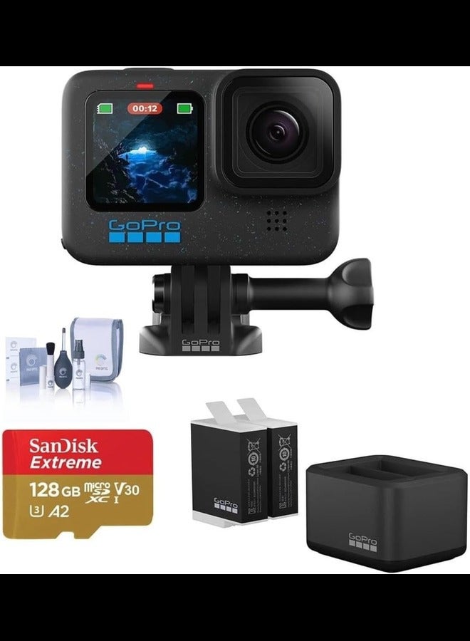 GoPro HERO12 Black Camera Bundle: Waterproof Action Cam with Go Pro Dual Battery Charger, & 2x GoPro Enduro Batteries, and 128GB Micro SD Card for Extended Adventure Recording