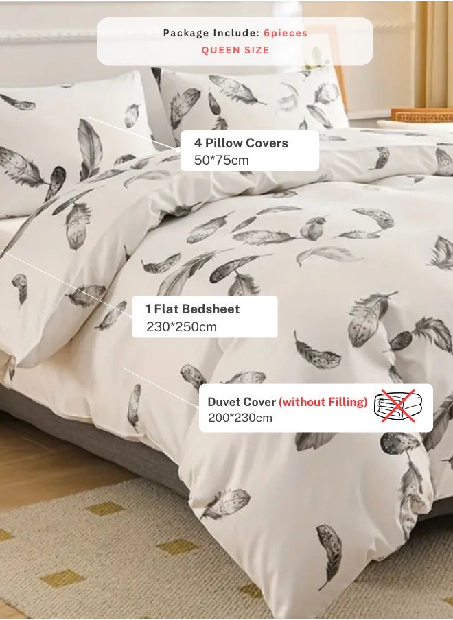 Queen size 6 piece duvet cover set, white bed linen with gray feathers.