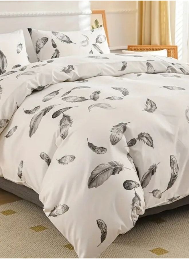 Queen size 6 piece duvet cover set, white bed linen with gray feathers.