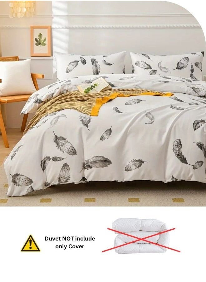 Queen size 6 piece duvet cover set, white bed linen with gray feathers.