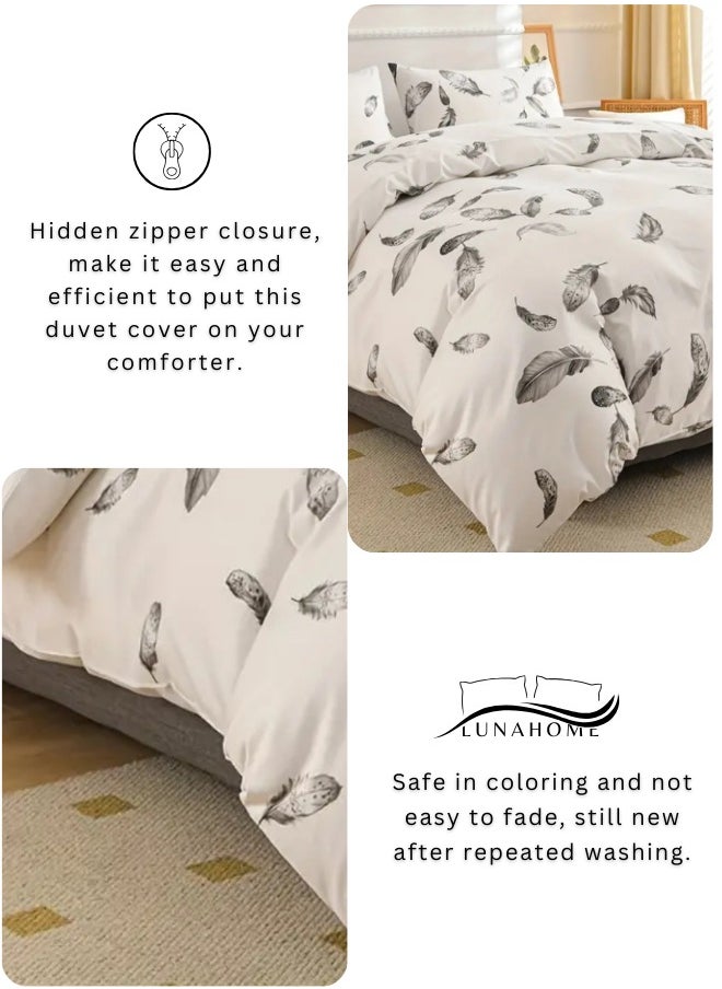 Queen size 6 piece duvet cover set, white bed linen with gray feathers.