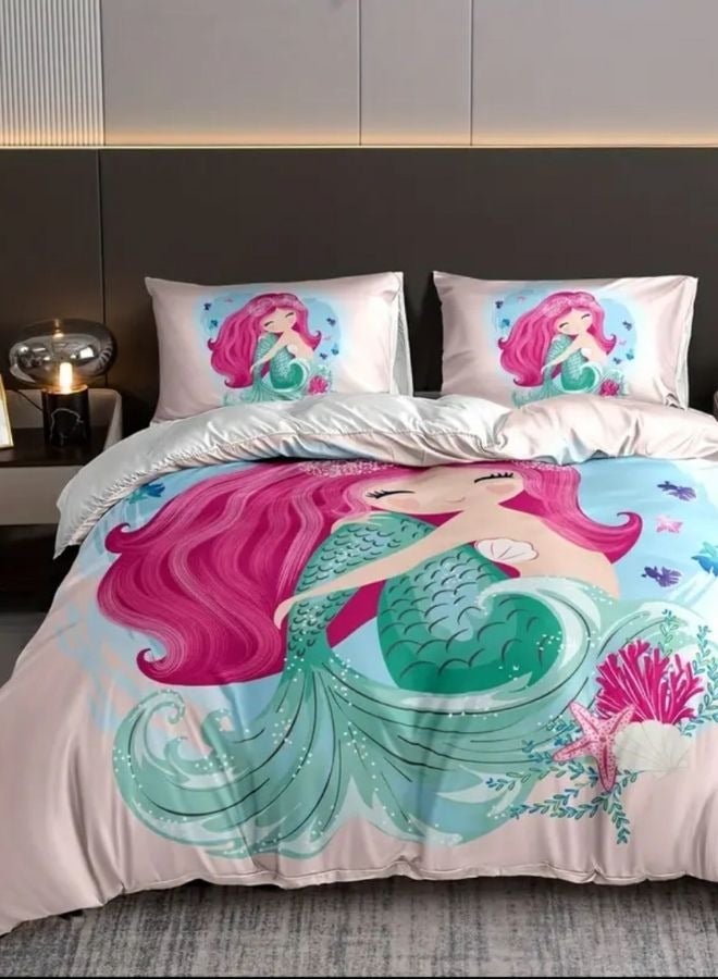 Single size 4 piece bedding set with duvet cover 3D mermaid design.