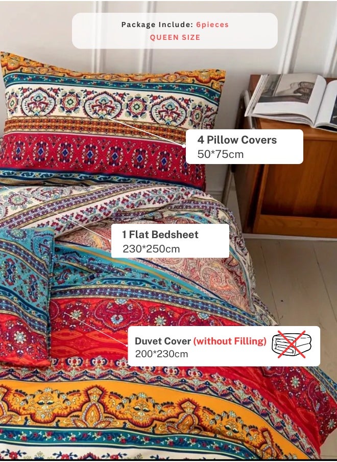 Queen size 6 piece duvet cover set, colorful bohemian bedding.