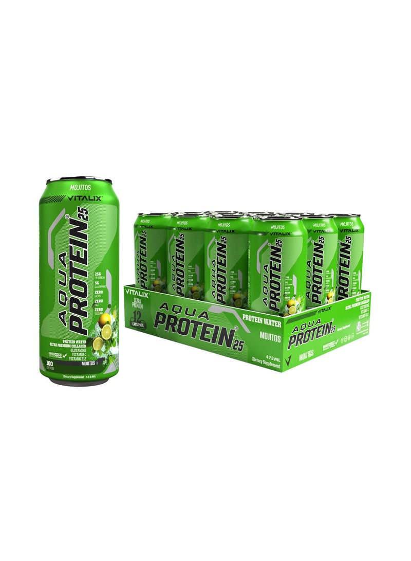 Aqua Protein 25 Mojito - Protein Water with 25g Protein - Collagen, Glutamine, Vitamins B,Lactose Free, Sugar Free, Zero Fat, 473ml Pack of 12