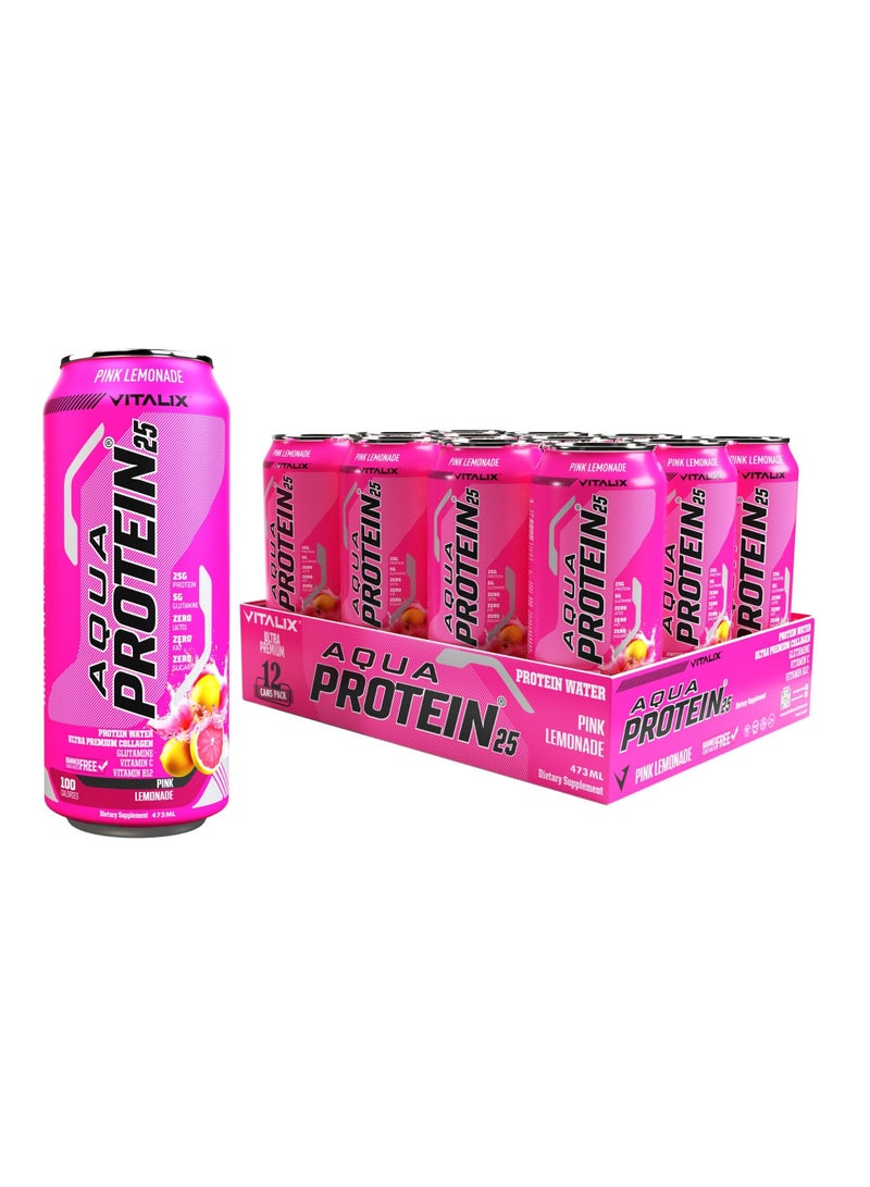 Aqua Protein 25 Pink Lemonade - Protein Water with 25g Protein - Collagen, Glutamine, Vitamins B,Lactose Free, Sugar Free, Zero Fat, 473ml Pack of 12