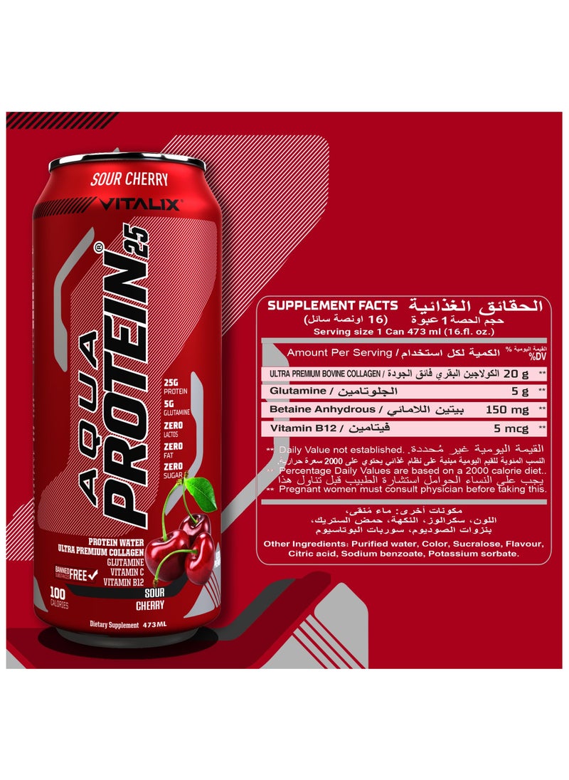 Aqua Protein 25 Sour Cherry - Protein Water with 25g Protein - Collagen, Glutamine, Vitamins B,Lactose Free, Sugar Free, Zero Fat, 473ml Pack of 12