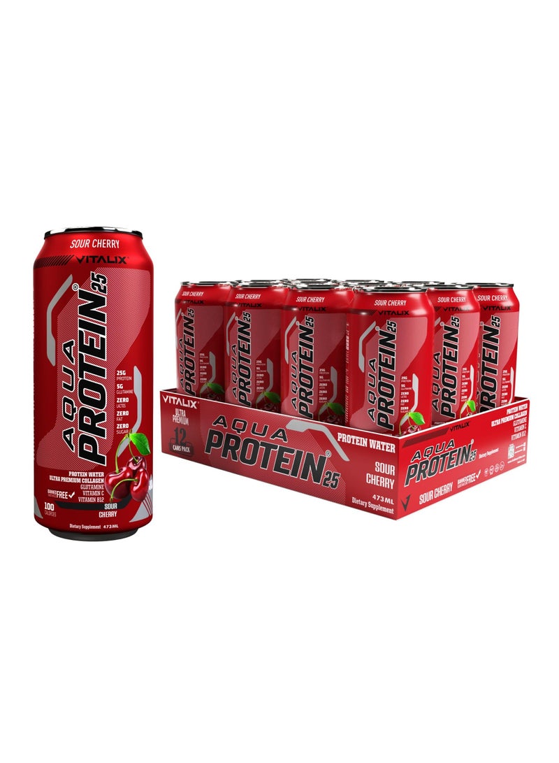 Aqua Protein 25 Sour Cherry - Protein Water with 25g Protein - Collagen, Glutamine, Vitamins B,Lactose Free, Sugar Free, Zero Fat, 473ml Pack of 12