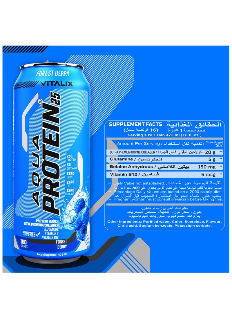 Aqua Protein 25 Forrest Berry - Protein Water with 25g Protein - Collagen, Glutamine, Vitamins B,Lactose Free, Sugar Free, Zero Fat, 473ml Pack of 12