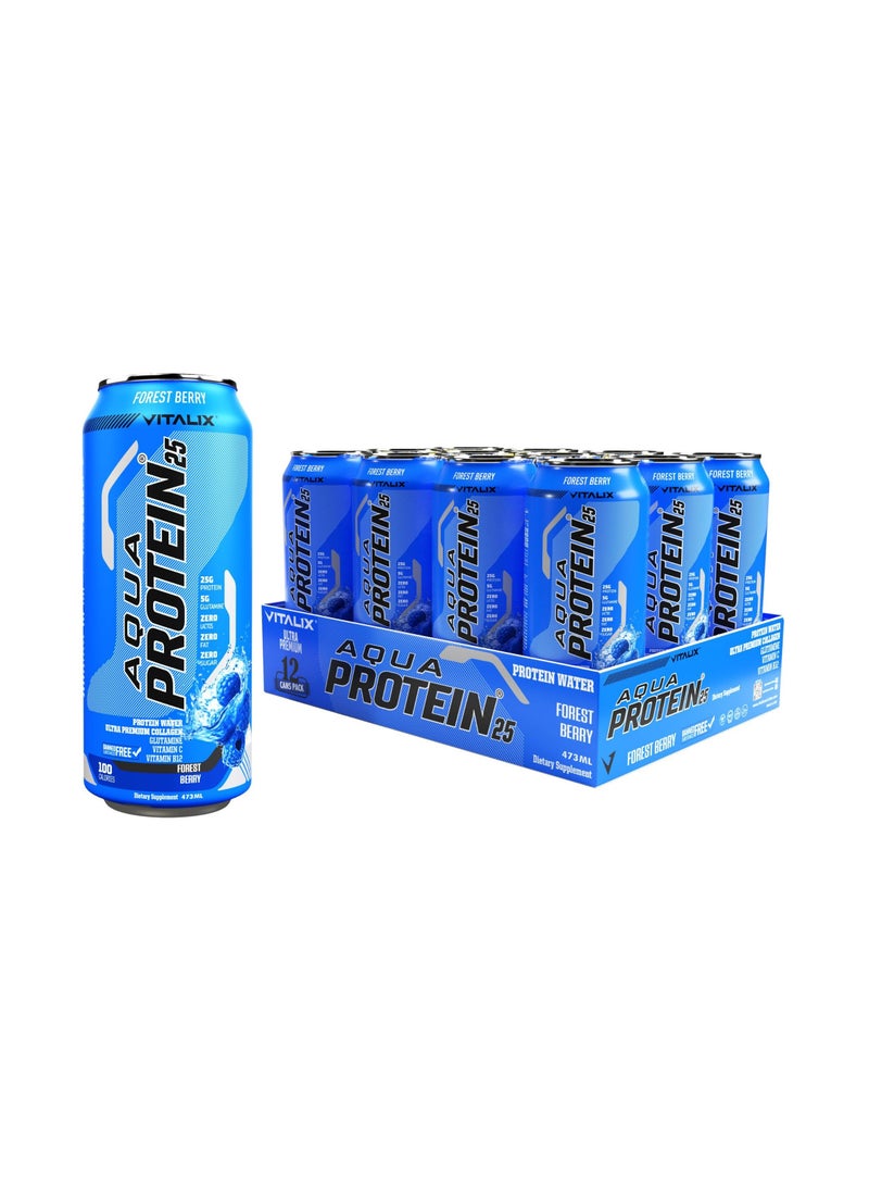 Aqua Protein 25 Forrest Berry - Protein Water with 25g Protein - Collagen, Glutamine, Vitamins B,Lactose Free, Sugar Free, Zero Fat, 473ml Pack of 12