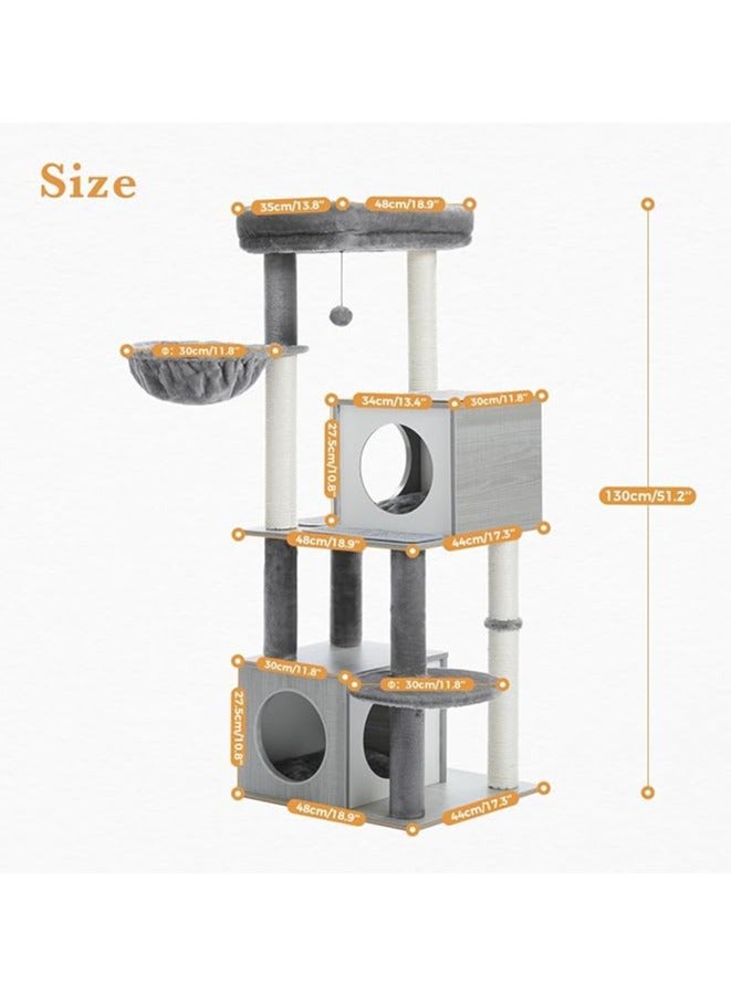 Large Cat Tree, 130 cm Wooden Cat Tower with Double Condos, Large Perch,Soft Hammock and Totally Wrapped Sisal Posts for Large Indoor Cats (Gray)