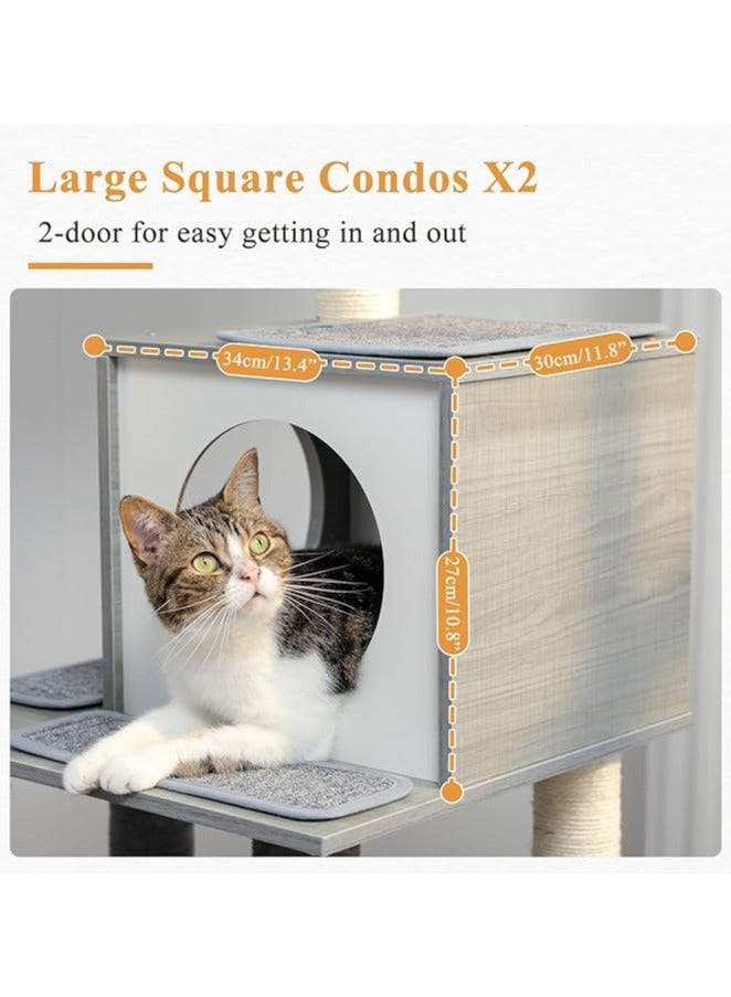 Large Cat Tree, 130 cm Wooden Cat Tower with Double Condos, Large Perch,Soft Hammock and Totally Wrapped Sisal Posts for Large Indoor Cats (Gray)