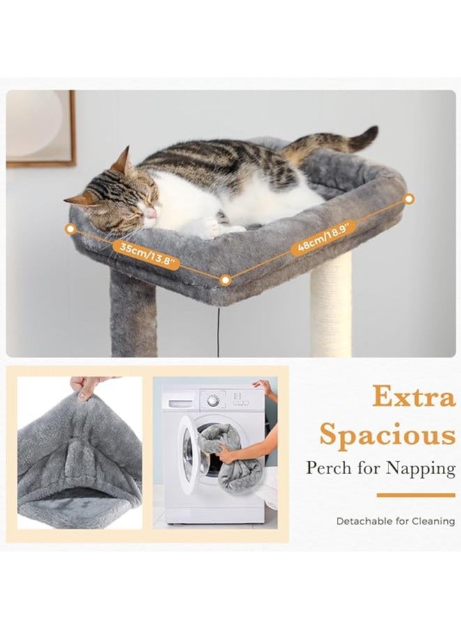 Large Cat Tree, 130 cm Wooden Cat Tower with Double Condos, Large Perch,Soft Hammock and Totally Wrapped Sisal Posts for Large Indoor Cats (Gray)