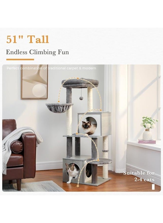 Large Cat Tree, 130 cm Wooden Cat Tower with Double Condos, Large Perch,Soft Hammock and Totally Wrapped Sisal Posts for Large Indoor Cats (Gray)