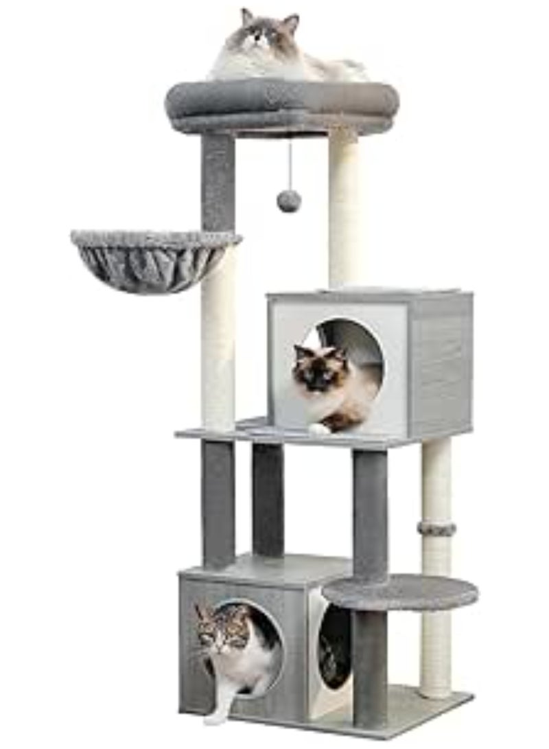Large Cat Tree, 130 cm Wooden Cat Tower with Double Condos, Large Perch,Soft Hammock and Totally Wrapped Sisal Posts for Large Indoor Cats (Gray)